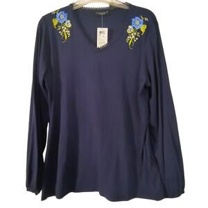 Susan Graver Weekend Embroidered Top Women's Sz L Navy Blue Long Sleeve Popover